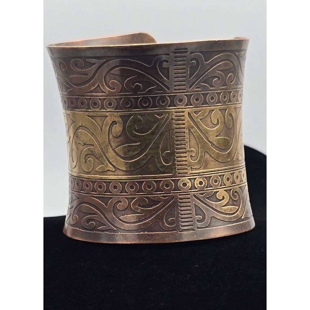 Vintage Mixed Metal Wide Cuff Bracelet Two Tone Copper Brass Etched Boho Scroll